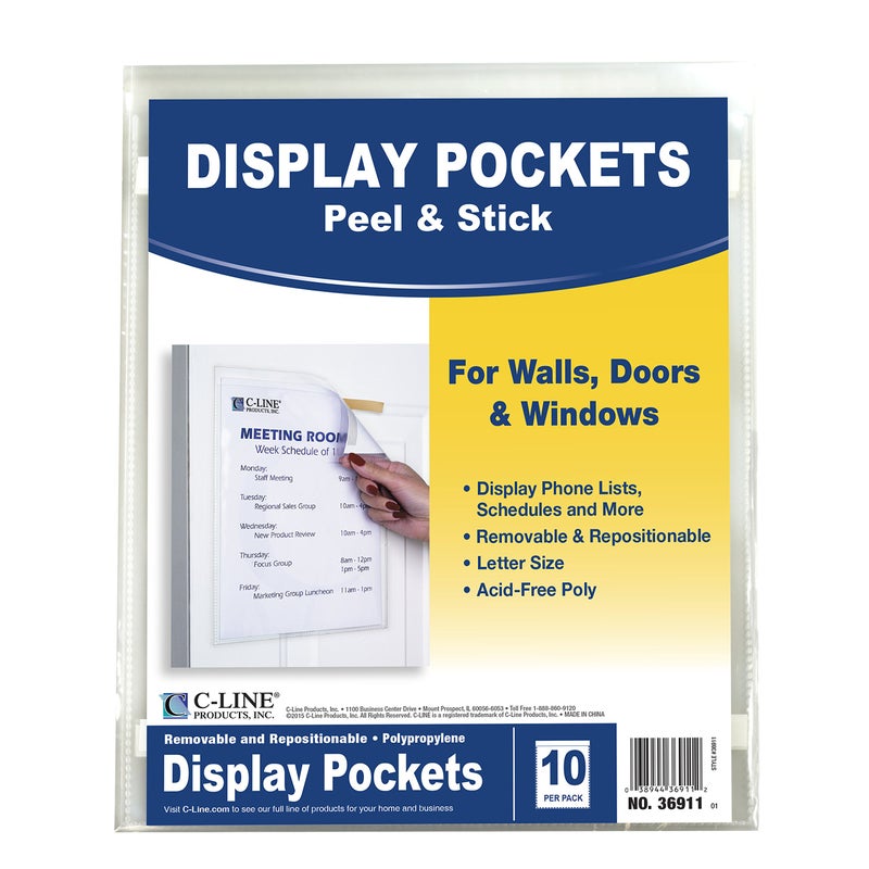C-Line Peel and Stick Display Pockets, Clear, 8.5 x 11 Inches, 10 per Pack (36911) - Image 2
