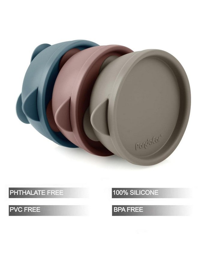 PandaEar 3 Pack Baby Bowls with Suction, Silicone Toddler Bowls with Lids, No Spill Suction Bowls for Baby Infant First Stage, Baby Food Feeding Bowl Set, Blue/Brown/Red - Image 1