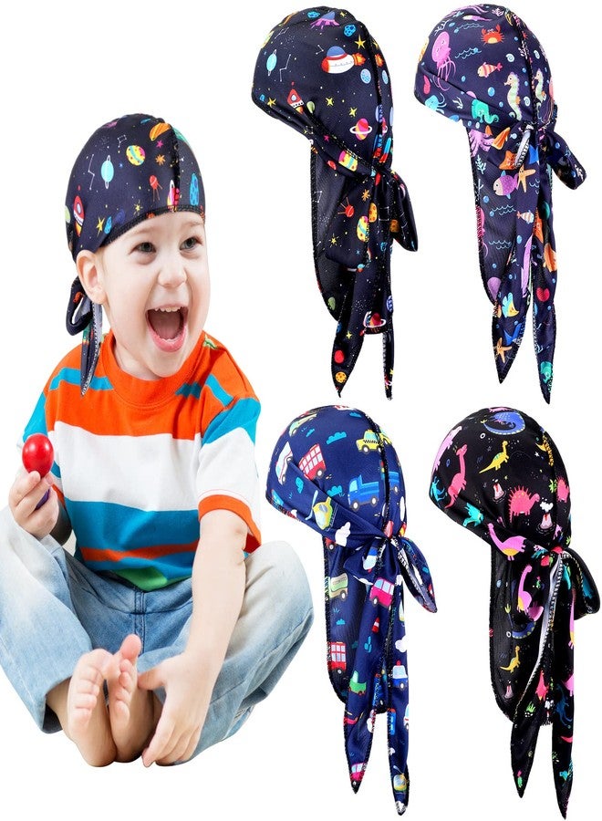 Janmercy 4 Pcs Baby Satin Durags Kids Satin Durags Dinosaur Outer Space Car Animals Headwraps with Long Tail for Baby Toddler Boy Girl (Dinosaur Style) - Image 1