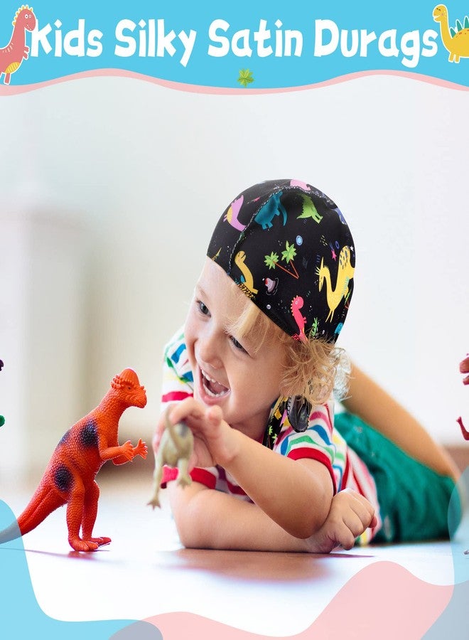 Janmercy 4 Pcs Baby Satin Durags Kids Satin Durags Dinosaur Outer Space Car Animals Headwraps with Long Tail for Baby Toddler Boy Girl (Dinosaur Style) - Image 4