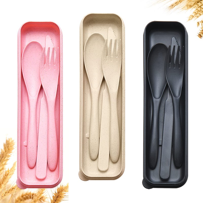 Reusable Travel Utensils Set with Case 3 Sets Wheat Straw Portable Knife Fork Spoons Cutlery EcoFriendly BPA Free Plastic Tableware for Kids Adults Travel Picnic Camping Utensils