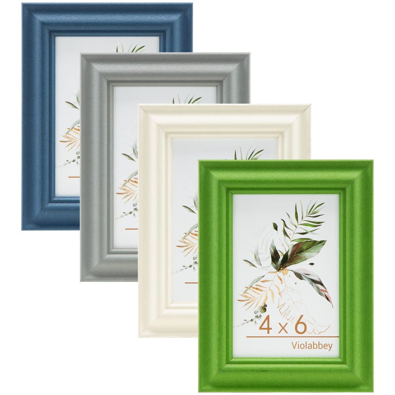 VIOLABBEY 4x6 Picture Frame Set of 4  4 x 6 Picture/Photo Frame for Wall Mounted or Tabletop Display  Real Glass  Family Friends Gift (Green+White+Grey+Blue) - Image 1