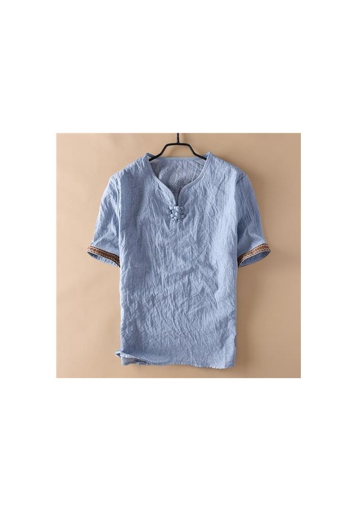 Chinese Style Buckle Linen Short-sleeved T-shirt Men's Thin Casual Pleated Stretchy Cotton Linen Top Men's Summer T-shirt - Image 1