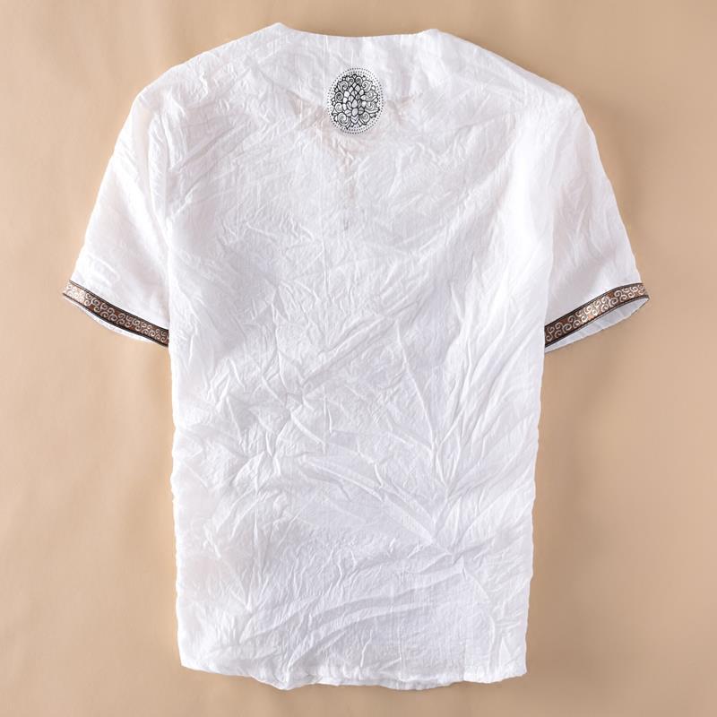 Chinese Style Buckle Linen Short-sleeved T-shirt Men's Thin Casual Pleated Stretchy Cotton Linen Top Men's Summer T-shirt - Image 3