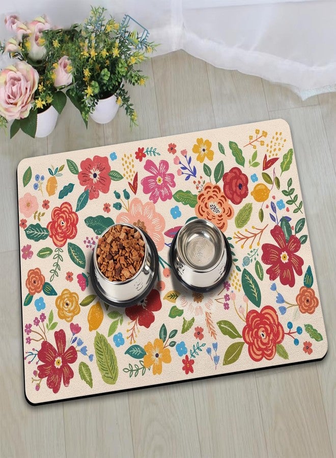 QXWREL Dog Food Mat for Floors, Absorbent and Quick-Drying Pet Cat Food Mat,Anti-Fouling and Easy-to-Clean Pet Feeding Mat,Dog Bowl Mats for Messy Drinking Water Bowls.12x20inch Floral White - Image 1