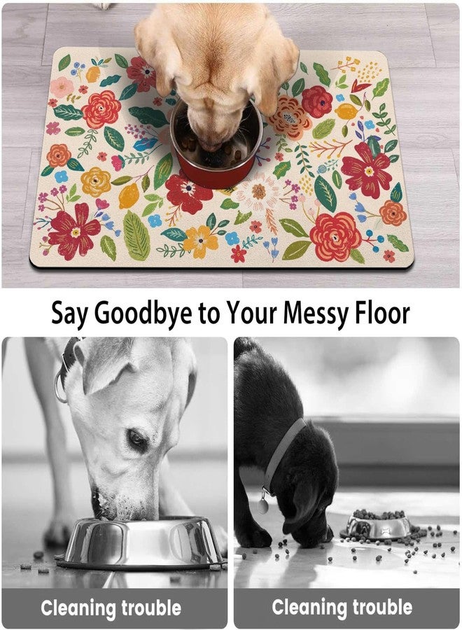 QXWREL Dog Food Mat for Floors, Absorbent and Quick-Drying Pet Cat Food Mat,Anti-Fouling and Easy-to-Clean Pet Feeding Mat,Dog Bowl Mats for Messy Drinking Water Bowls.12x20inch Floral White - Image 3