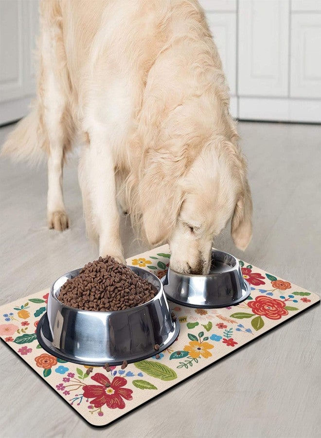 QXWREL Dog Food Mat for Floors, Absorbent and Quick-Drying Pet Cat Food Mat,Anti-Fouling and Easy-to-Clean Pet Feeding Mat,Dog Bowl Mats for Messy Drinking Water Bowls.12x20inch Floral White - Image 2