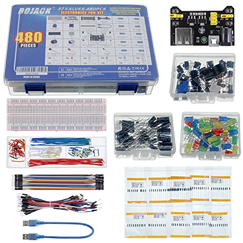 BOJACK 37 Values 480 Pcs Electronics Component Fun Kit with Power Supply Module, Jumper Wire,Precision Potentiometer,830 tie-Points Breadboard Compatible with STM32,Raspberry Pi,Arduino - Image 2