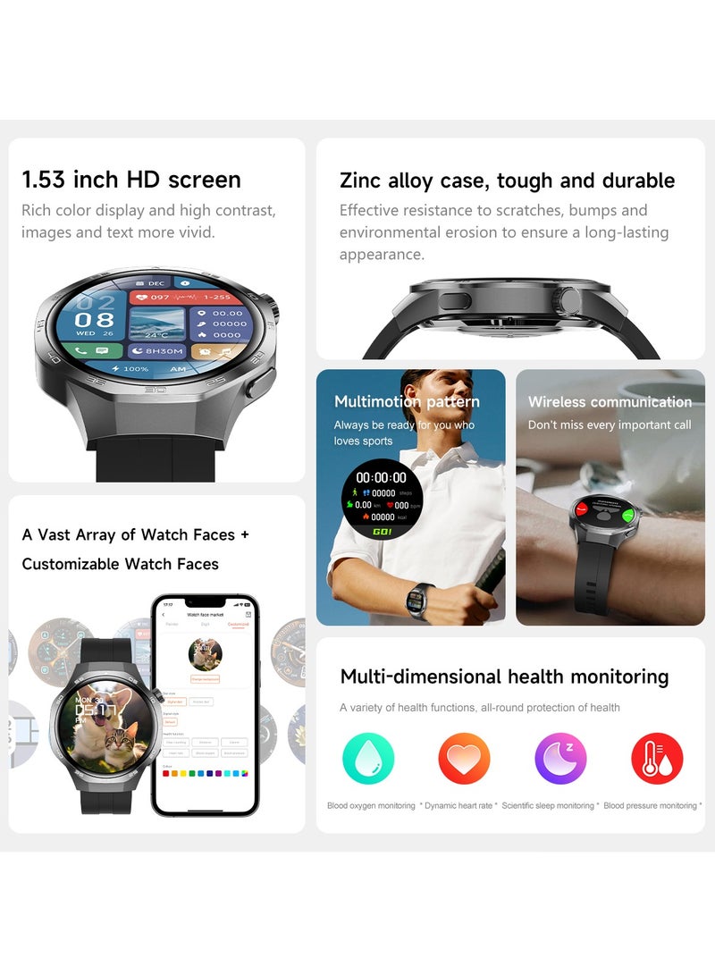 RollsTimi  Men's Smart Watch, Fashion Business Watch, 1.53-Inch High-Definition Screen, Bluetooth Call(Answer/Make), NFC Access Function, Voice Assistant, Health Monitoring, Waterproof Sports Watch, WATCH5MAX Steel Band Black - Image 2