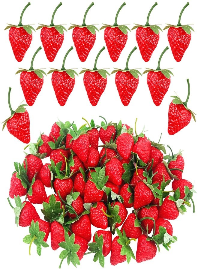 CODOHI Artificial Red Strawberries 100Pcs Lifelike Fake Strawberries, Simulation Realistic Plastic Strawberry for Home Kitchen Party Decor Photography Prop (100 PCS)