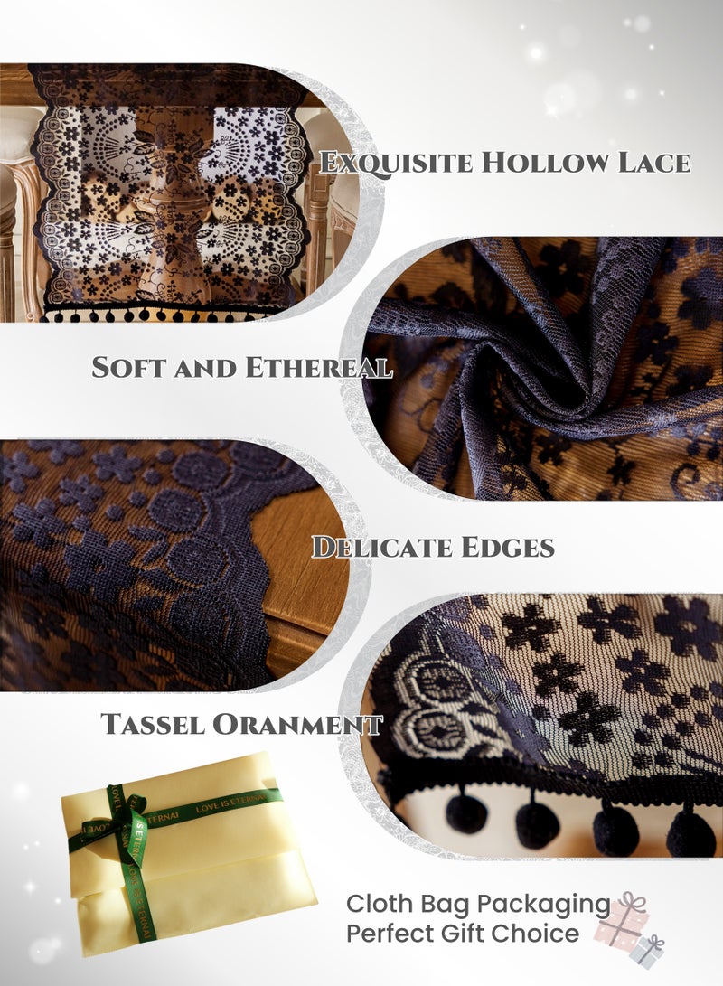 French Lace Hollow Tassel Table Runner 71Inches Black, Rustic Farmhouse Fall for Kitchen Dining Table Decoration,Ramadan Decorations ,Home Decor, Coffee Table Decor,Home Party Decor, Wedding Decor, Ramadan Gifts,Good Drape,  Soft, Wear-Resistant ,Durable, Machine Washable,No Wrinkles,No Shrinkage.  (45*180cm/18*71"Tassel included) - Image 4