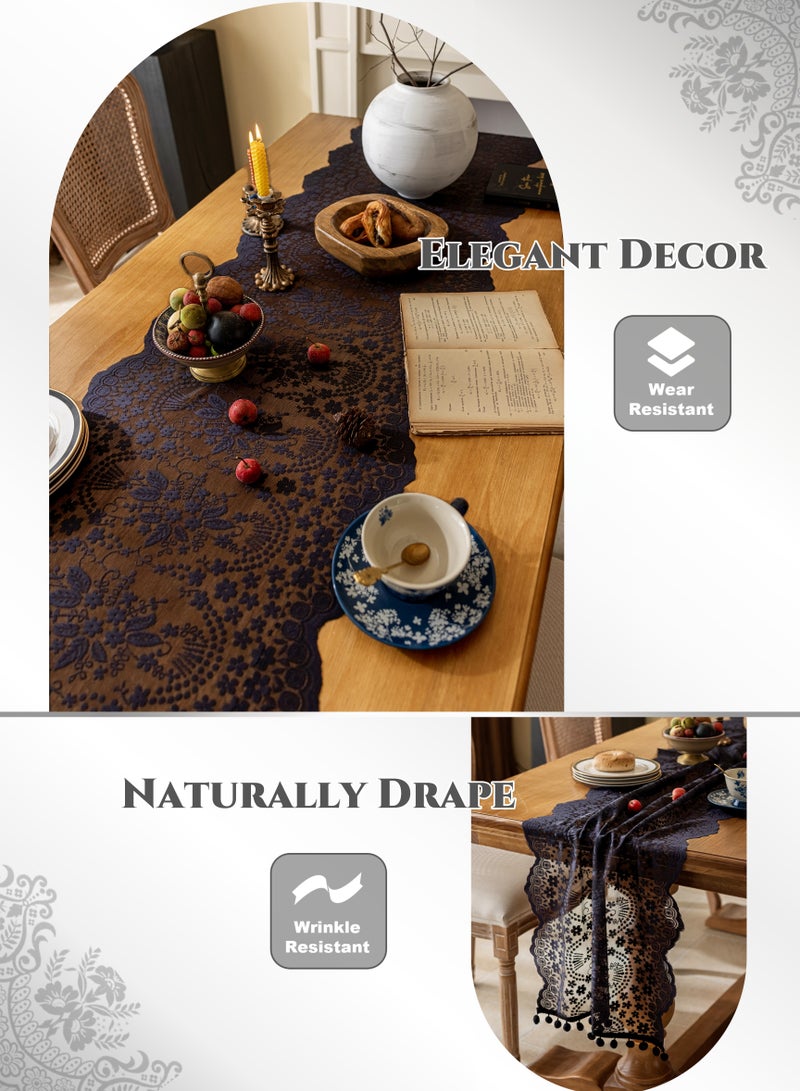 French Lace Hollow Tassel Table Runner 71Inches Black, Rustic Farmhouse Fall for Kitchen Dining Table Decoration,Ramadan Decorations ,Home Decor, Coffee Table Decor,Home Party Decor, Wedding Decor, Ramadan Gifts,Good Drape,  Soft, Wear-Resistant ,Durable, Machine Washable,No Wrinkles,No Shrinkage.  (45*180cm/18*71"Tassel included) - Image 5