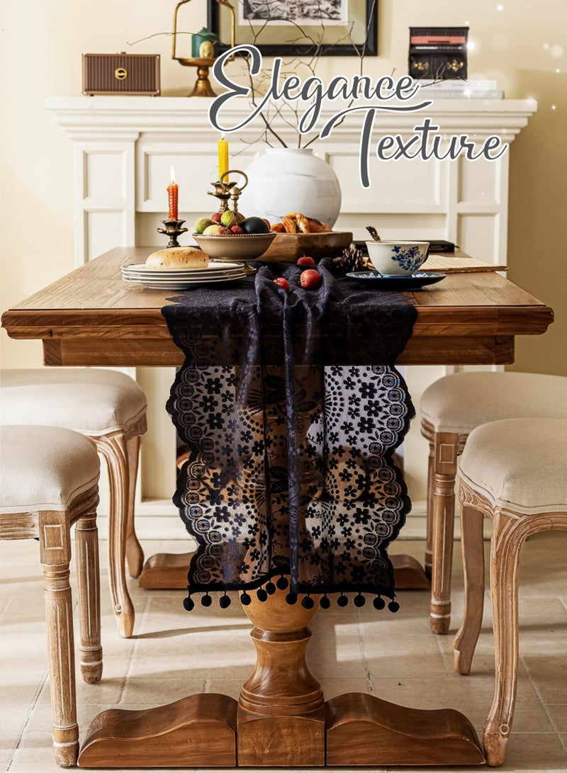 French Lace Hollow Tassel Table Runner 71Inches Black, Rustic Farmhouse Fall for Kitchen Dining Table Decoration,Ramadan Decorations ,Home Decor, Coffee Table Decor,Home Party Decor, Wedding Decor, Ramadan Gifts,Good Drape,  Soft, Wear-Resistant ,Durable, Machine Washable,No Wrinkles,No Shrinkage.  (45*180cm/18*71"Tassel included) - Image 3