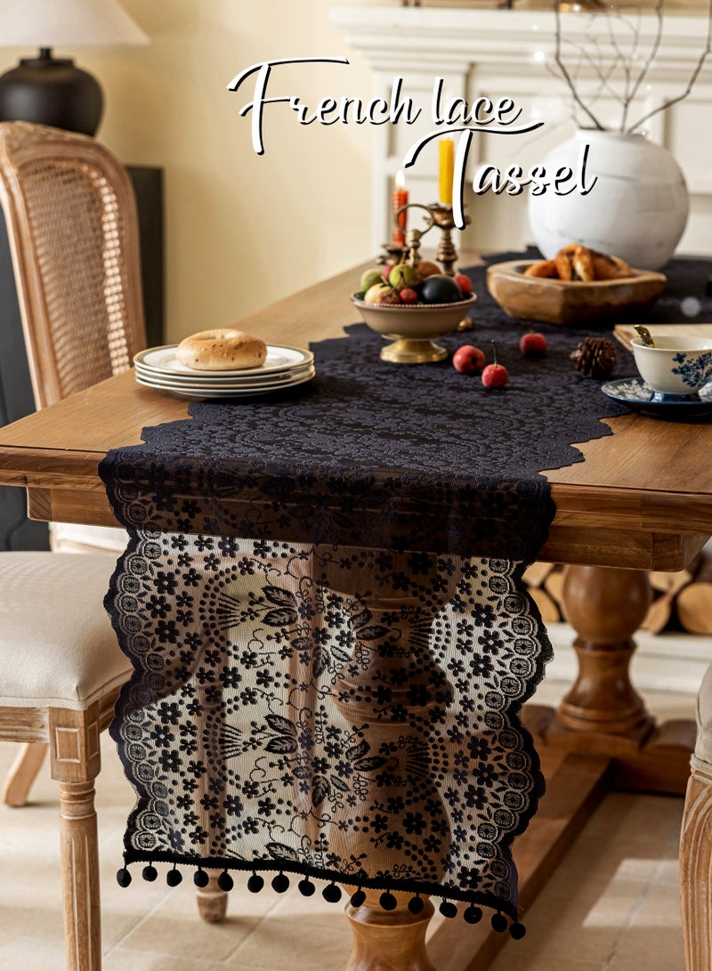 French Lace Hollow Tassel Table Runner 71Inches Black, Rustic Farmhouse Fall for Kitchen Dining Table Decoration,Ramadan Decorations ,Home Decor, Coffee Table Decor,Home Party Decor, Wedding Decor, Ramadan Gifts,Good Drape,  Soft, Wear-Resistant ,Durable, Machine Washable,No Wrinkles,No Shrinkage.  (45*180cm/18*71"Tassel included) - Image 1