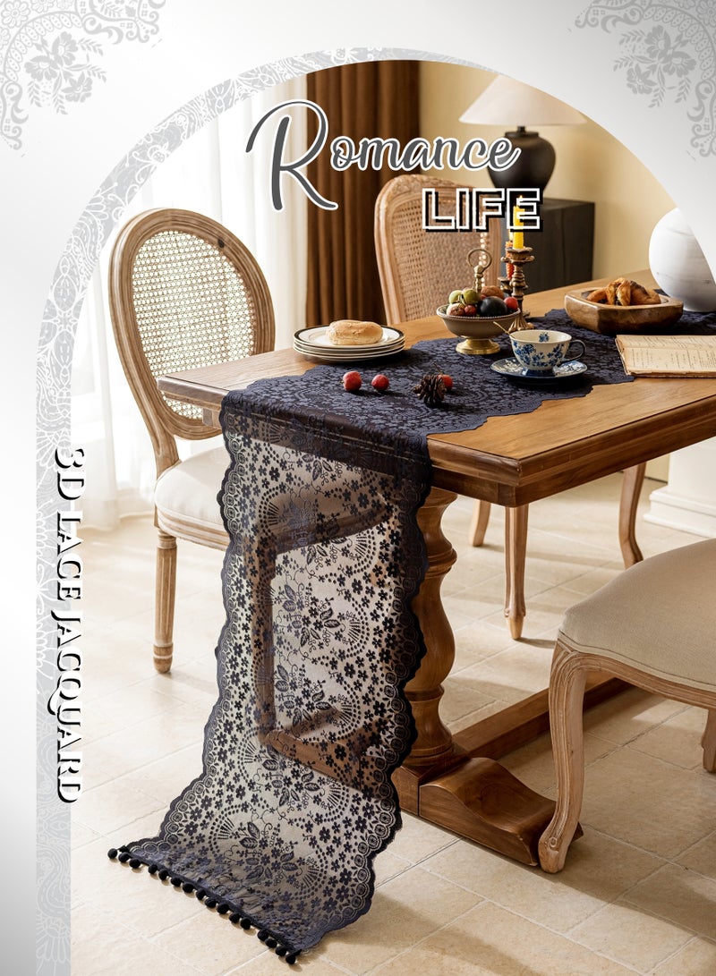 French Lace Hollow Tassel Table Runner 71Inches Black, Rustic Farmhouse Fall for Kitchen Dining Table Decoration,Ramadan Decorations ,Home Decor, Coffee Table Decor,Home Party Decor, Wedding Decor, Ramadan Gifts,Good Drape,  Soft, Wear-Resistant ,Durable, Machine Washable,No Wrinkles,No Shrinkage.  (45*180cm/18*71"Tassel included) - Image 2