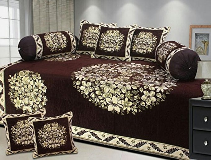CHENILLE 500 TC DIWAN SET 1PC SINGLE BED SHEET WITH 2 BOLSTER COVERS AND 5 CUSHION COVERS 8PC SET COFFEE
