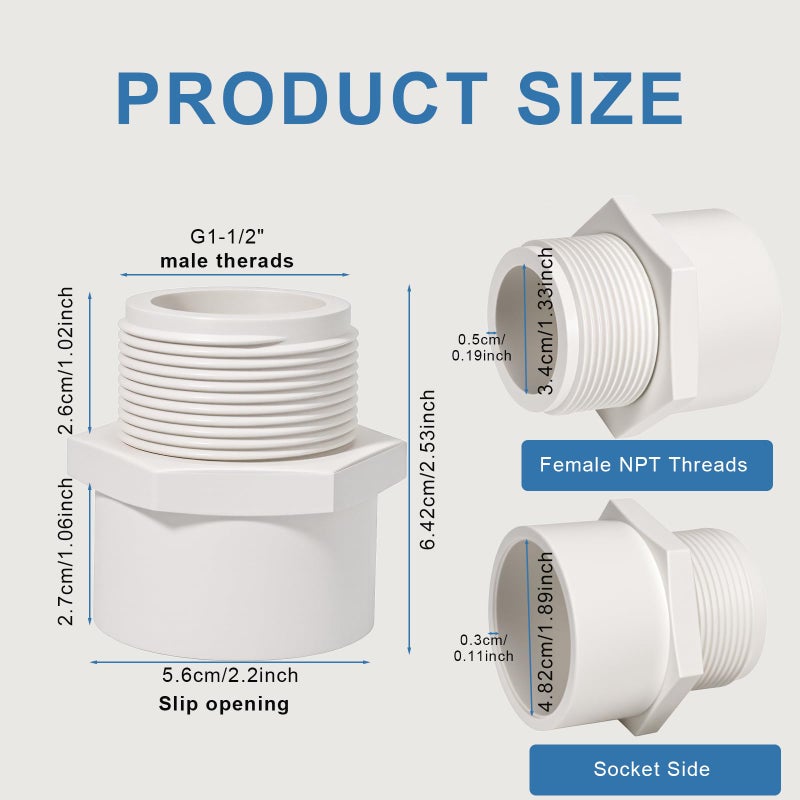JINUYYNA 1.5 Inch Male Thread PVC Fittings White 2-Way PVC Pipe Coupling Adapter Connectors Coupling for 1-1/2 Inch Schedule 40 Pipeï¼ˆ2 Packï¼‰ - Image 2