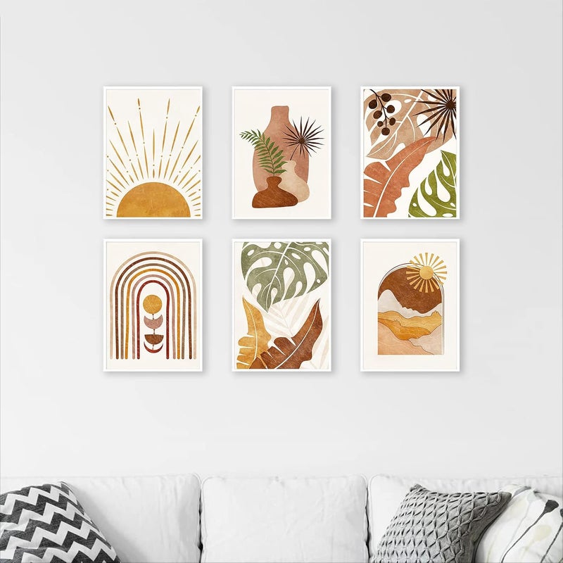 KBKBART Boho Wall Art Set of 6, Minimalist Boho Wall Decor, Monstera Palm Sun Moon Geometry Canvas Prints, Mid-Century Modern Wall Art for Bedroom, Living Room, Bathroom, Gallery - Image 5