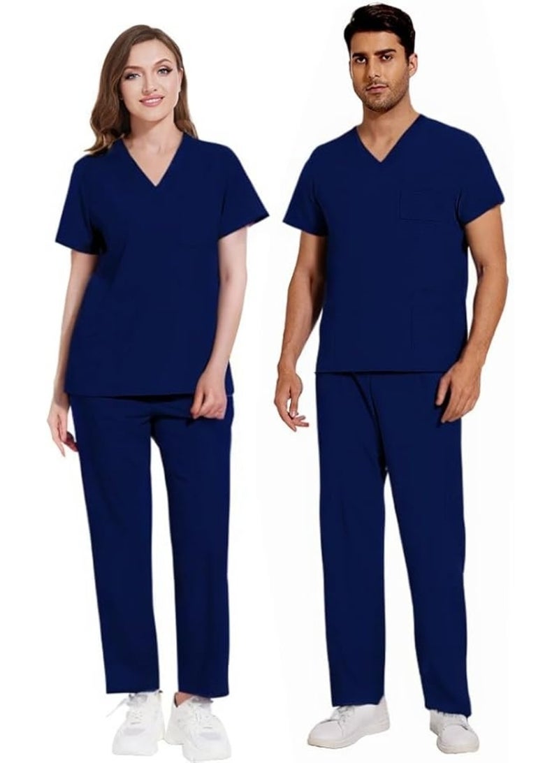 Nجهود مميزة مجموعة ملابس طبية نسائية ورجالية، مجموعة قميص وسروال طبي، مجموعة ملابس طبية، ملابس تنحيف (أزرق داكن)، مناسبة للمستشفيات والعيادات وغيرها. - Image 1