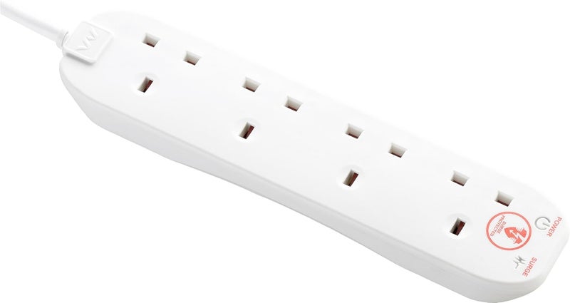 Masterplug Four Socket Power Surge Protected Extension Lead, 2 Metres, 25 x 5.5 x 3 cm, White - Image 1