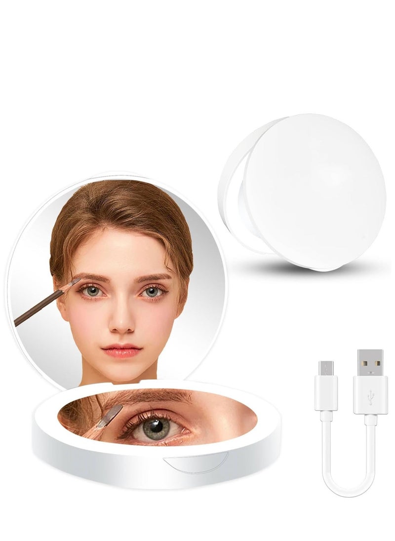 Portable Makeup Mirror with LED Light, Rechargeable Lighted Woman Travel Makeup Mirror with 10X Magnifying, 3 Color Changeable Folding Cosmetic Mirror for Purse, Handbag, Pocket, Crossbody Bag