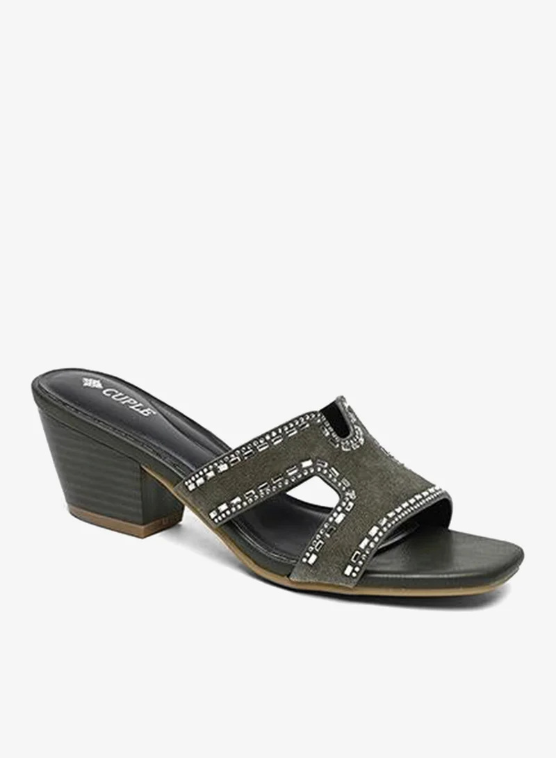 كابلي حذاء كعب مفتوح زيتي مرصّع بالكريستال