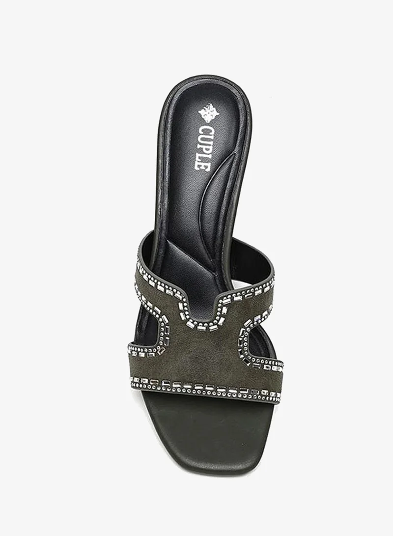 Cuple  Olive Green Crystal Mule Heel for Women | Best Price UAE