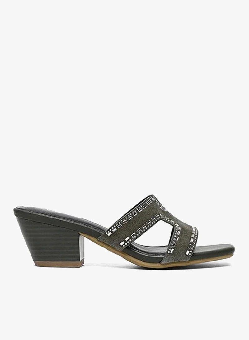 كابلي حذاء كعب مفتوح زيتي مرصّع بالكريستال