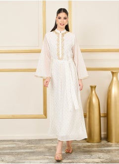 Styli Dobby Lace Embroidered Collared Kaftan with Self Tie Up  - Image 1