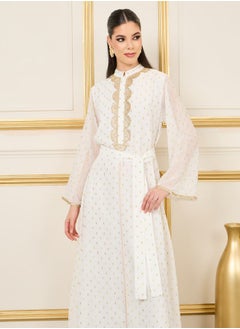 Styli Dobby Lace Embroidered Collared Kaftan with Self Tie Up  - Image 2
