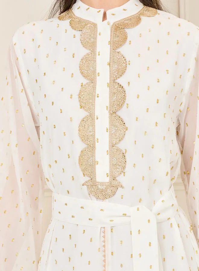 ستايلي Dobby Lace Embroidered Collared Kaftan with Self Tie Up