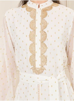 Styli Dobby Lace Embroidered Collared Kaftan with Self Tie Up  - Image 3