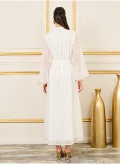 Styli Dobby Lace Embroidered Collared Kaftan with Self Tie Up  - Image 4