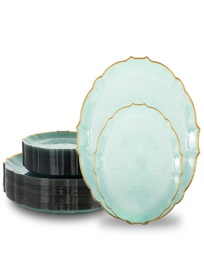 Lullaby 100pcs Translucent Green Plastic Plates with Gold Rim, Fancy Lace-Edged Disposable Plates include 50pcs Dinner Plate 10”, 50pcs Dessert Plate 7”, Perfect for Party, Wedding, Holiday - Image 1