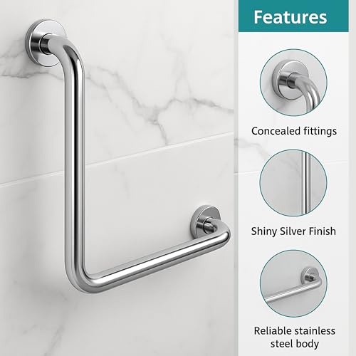 Plantex L-Shape Toilet Support for Elderly People/Wall-Mounted Safety Handle Made of Stainless Steel - Pack of 2 (Chrome) - Image 2