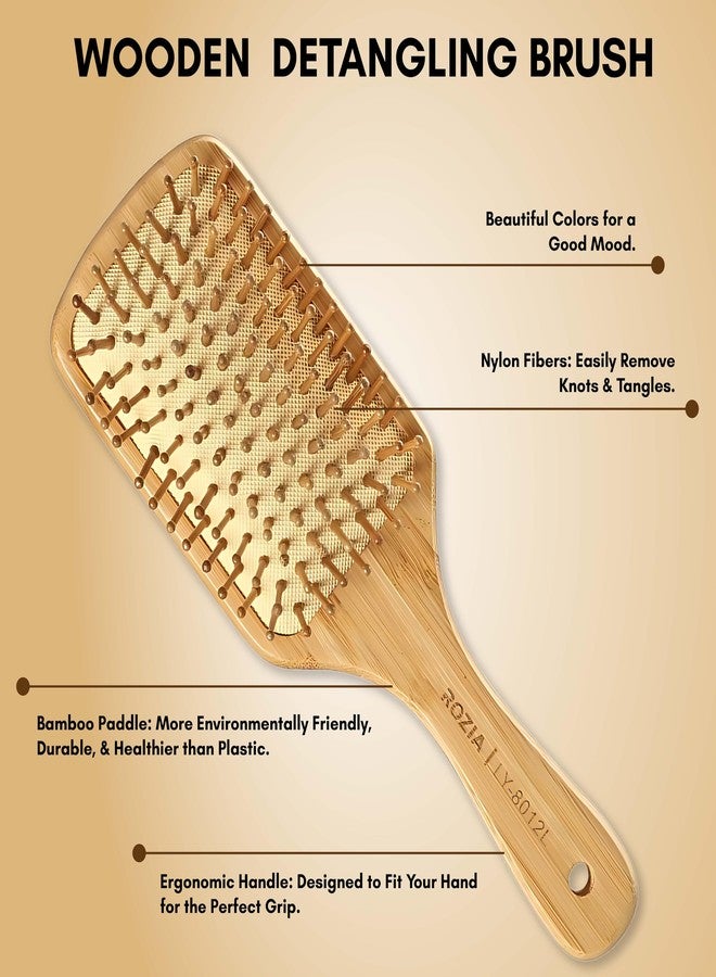 ROZIA Pro Hair Brush Wooden Detangling Brushes Natural Detangler Paddle Hairbrush for Women Men Kids Stimulate Scalp Help Growth Add Hair Shine (Wooden Bristles) - Image 3