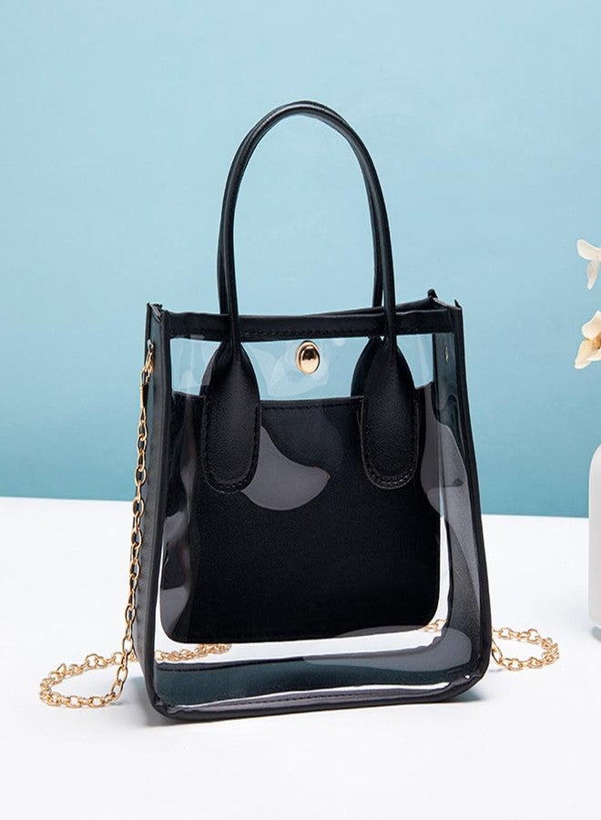 CALFOVERA Clear Tote Shoulder Bag for Women 2 in 1 Transparent PVC Crossbody Handbag Designer Black PU Leather Fashion Purse Bag with Top Handles and Chain Strap for Casual Travel Daily Use - Image 3