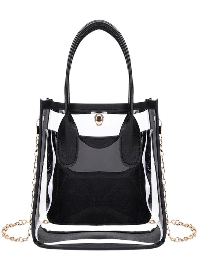 CALFOVERA Clear Tote Shoulder Bag for Women 2 in 1 Transparent PVC Crossbody Handbag Designer Black PU Leather Fashion Purse Bag with Top Handles and Chain Strap for Casual Travel Daily Use - Image 1