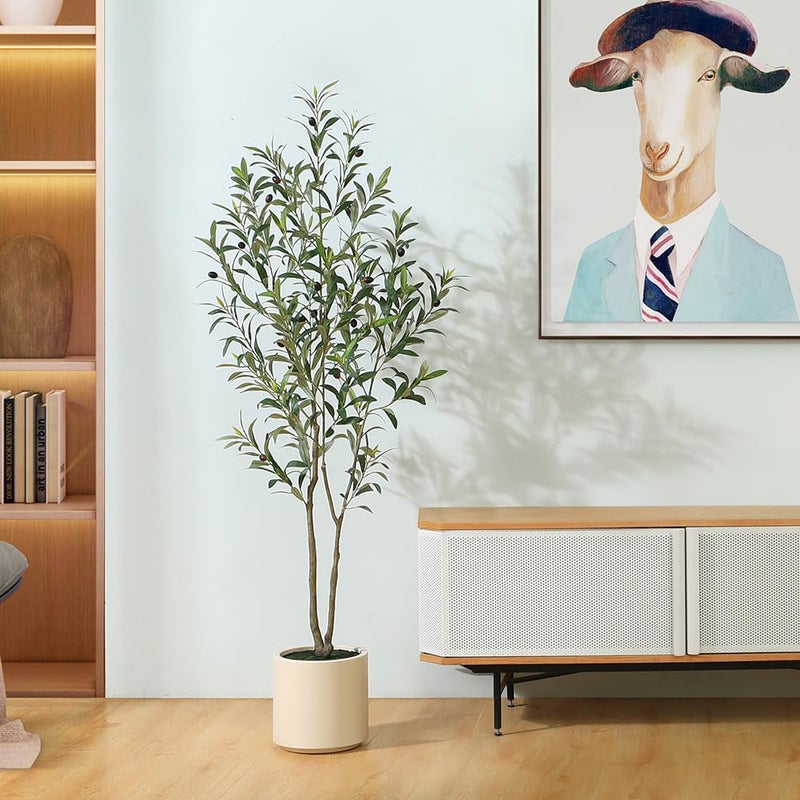 LOMANTO Artificial Olive Trees, 5 ft Tall Fake Olive Trees for Indoor, Faux Olive Silk Tree, Large Olive Plants with White Planter for Home Decor and Housewarming Gift, 1 Pack - Image 2