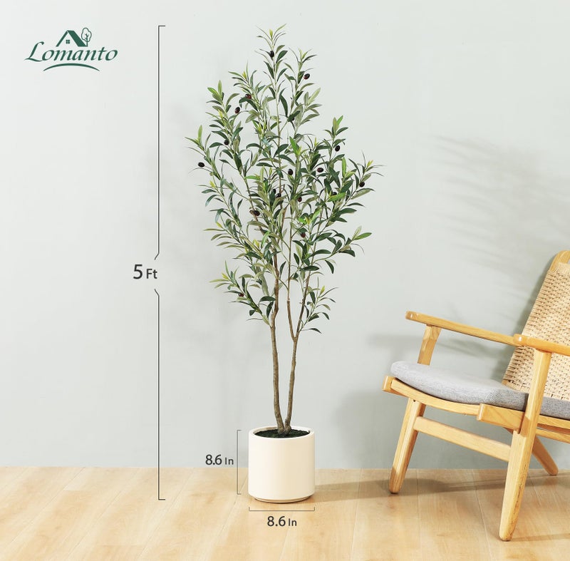 LOMANTO Artificial Olive Trees, 5 ft Tall Fake Olive Trees for Indoor, Faux Olive Silk Tree, Large Olive Plants with White Planter for Home Decor and Housewarming Gift, 1 Pack - Image 4