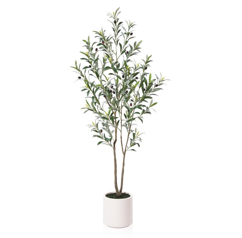 LOMANTO Artificial Olive Trees, 5 ft Tall Fake Olive Trees for Indoor, Faux Olive Silk Tree, Large Olive Plants with White Planter for Home Decor and Housewarming Gift, 1 Pack - Image 1