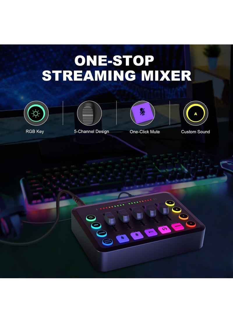 شو وو - خلاط صوت للألعاب، خلاط تدفق RGB مع واجهة ميكروفون XLR، خافت الصوت، المراقبة، طاقة فانتوم 48 فولت لتسجيل بث هاتف الكمبيوتر TikTok - Image 1
