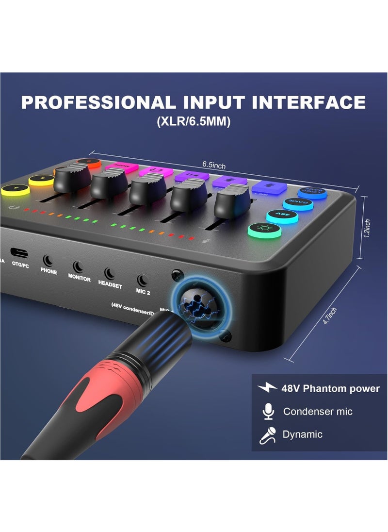 شو وو - خلاط صوت للألعاب، خلاط تدفق RGB مع واجهة ميكروفون XLR، خافت الصوت، المراقبة، طاقة فانتوم 48 فولت لتسجيل بث هاتف الكمبيوتر TikTok - Image 1