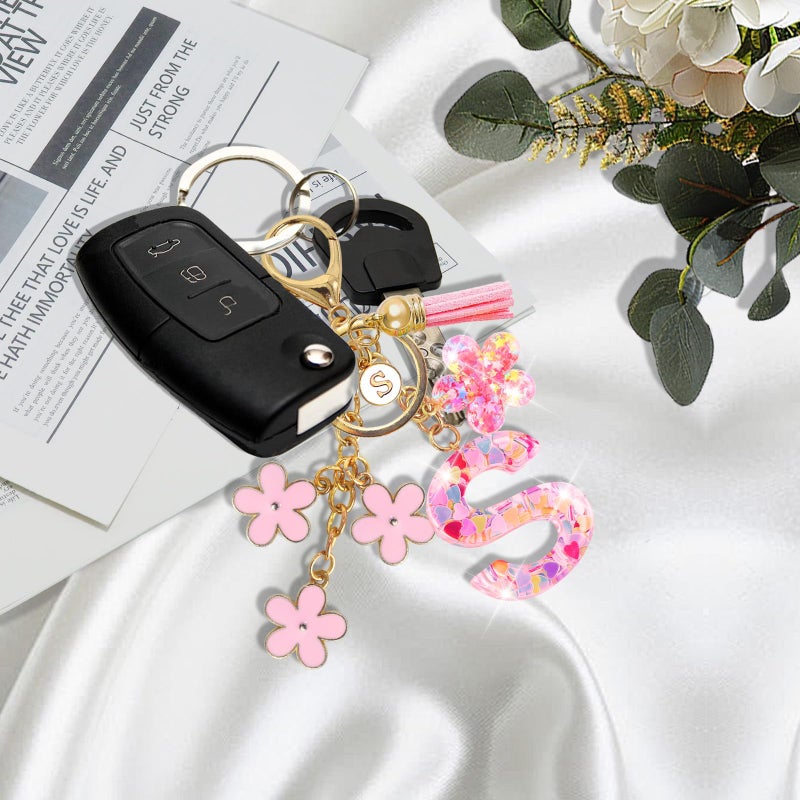 Jusen Resin Alphabet Initial Letter Keychain Tassel Flower Pendant Key Ring for Purse Handbag Car Keys (S-pink) - Image 3