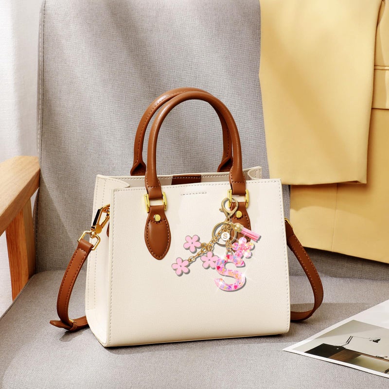 Jusen Resin Alphabet Initial Letter Keychain Tassel Flower Pendant Key Ring for Purse Handbag Car Keys (S-pink) - Image 4