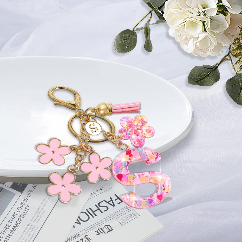Jusen Resin Alphabet Initial Letter Keychain Tassel Flower Pendant Key Ring for Purse Handbag Car Keys (S-pink) - Image 2