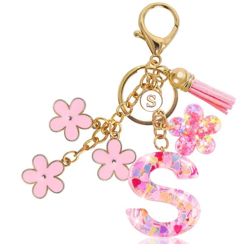Jusen Resin Alphabet Initial Letter Keychain Tassel Flower Pendant Key Ring for Purse Handbag Car Keys (S-pink) - Image 1