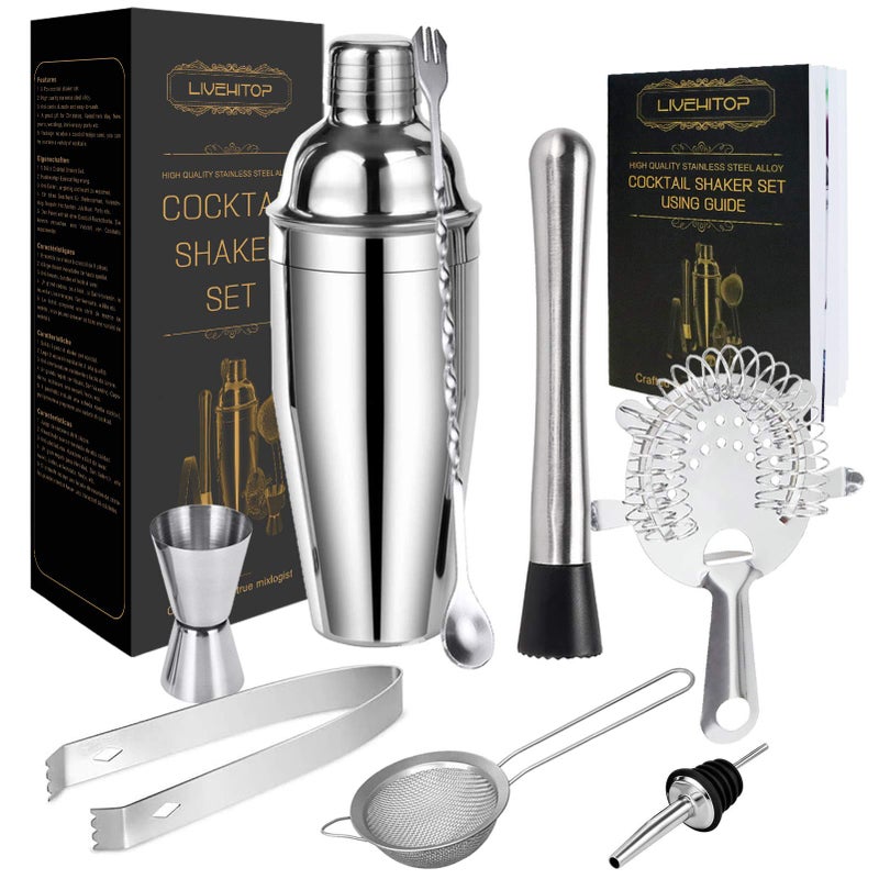 LIVEHITOP Cocktail Making Set 9Pcs Stainless Steel Bartender Kit Professional Cocktail Shaker Set with 750ML Boston Shaker for Home Bar Party