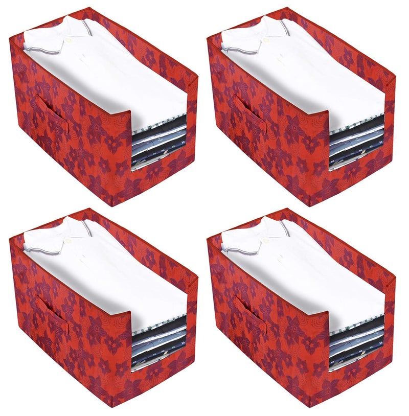 Kuber Industries Metallic Printed 4 Piece Non Woven Shirt Stacker Wardrobe Organizer Set Red CTKTC034884 - Image 4