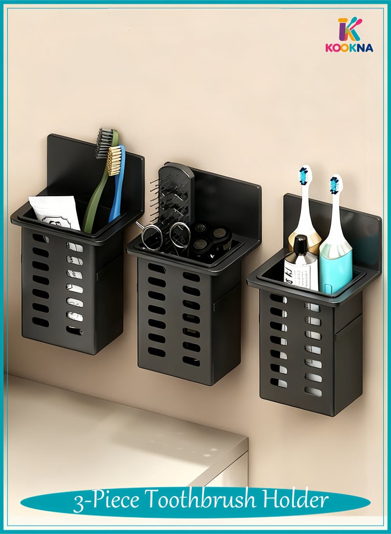 KOOKNA Toothbrush Holder, Tooth Brush Holder, Toothpaste Holder, 3-Piece Wall Mounted Bathroom Organizer, Self-Adhesive No-Drill Storage Box for Shower and Vanity - Image 1